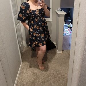 A&F Emerson Linen blend Puff Sleeve Mini Dress Size L in Navy Floral